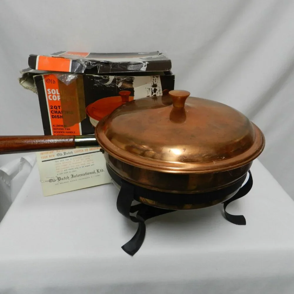 Old Dutch Design Brass Copper Chafing Dish Teak Wood Handle Vintage Mid Century